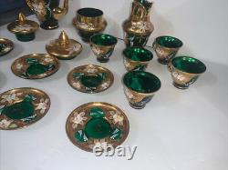 Vintage Murano Coffee Tea Set, Venetian 24K Hand painted Enamel Green Glass