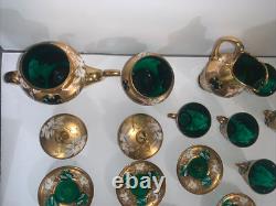 Vintage Murano Coffee Tea Set, Venetian 24K Hand painted Enamel Green Glass
