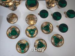Vintage Murano Coffee Tea Set, Venetian 24K Hand painted Enamel Green Glass