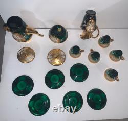 Vintage Murano Coffee Tea Set, Venetian 24K Hand painted Enamel Green Glass