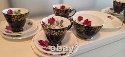 Vintage Old Royal China Black & Gold, Red Rose Bone China 21 Piece Set