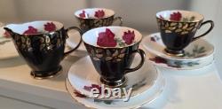 Vintage Old Royal China Black & Gold, Red Rose Bone China 21 Piece Set