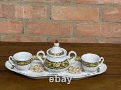 Vintage Porcelain 4 Piece Coffee Set for Two Sugar Bowl Cups & Serving Tray Gold