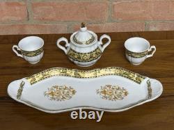 Vintage Porcelain 4 Piece Coffee Set for Two Sugar Bowl Cups & Serving Tray Gold