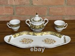 Vintage Porcelain 4 Piece Coffee Set for Two Sugar Bowl Cups & Serving Tray Gold