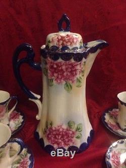 Vintage Porcelain Chocolate Tea Coffee Set Pink Hydrangea Cobalt Trim 13 Pieces