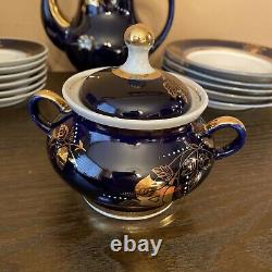 Vintage Porcelain Cobalt & Gold Coffee Set for 6 Made in Dovbysh Ukraine USSR