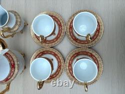 Vintage Porcelain Coffee Tea Service 10pc Set Gold Red Leaf Footed Cups Gift