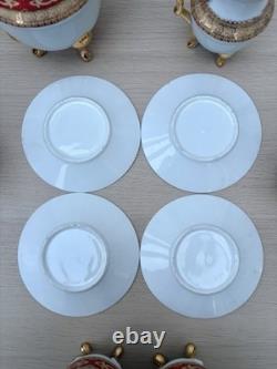Vintage Porcelain Coffee Tea Service 10pc Set Gold Red Leaf Footed Cups Gift