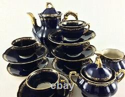 Vintage Porcelain Mocca Coffee Set Service Cobalt Blue Gilt Poland Chodziez 60's