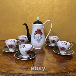 Vintage Queen Anne Black White Red Rose Coffee Set