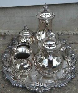 Vintage R. S. Co 1875 Silver Plate Tea Coffee Set with Oneida Silver Plated Tray