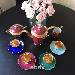 Vintage RGK Rudolf Kampf Czech 11 Piece Coffee Set Multicoloured Cups Gold Inlay