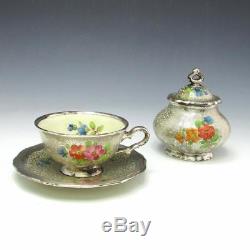 Vintage Rosenthal HAND PAINTED Chippendale Silver Overlay Coffee Pot Teacup Set