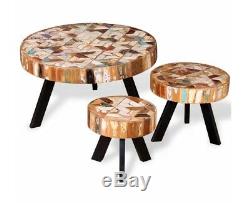 Vintage Round Coffee Table Set Of 3 Side Tables Retro Furniture Rustic Wood Iron