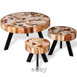 Vintage Round Coffee Table Set Of 3 Solid Reclaimed Wood Retro Style Furniture