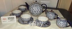 Vintage Russian Lomonosov Cobalt Blue Tea o Coffee set 13 pieces & Display sign