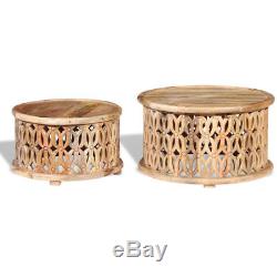 Vintage Rustic Coffee Table Ethnic Drum Shape Solid Wood Round Set of 2 Man Made
