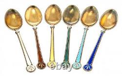 Vintage Set 6 Coffee Spoons Sterling Silver 925 Guilloche Enamel Norway