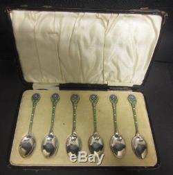 Vintage Set 6 Solid Silver & Enamel Coffee Spoons Turner & Simpson Birm 1928