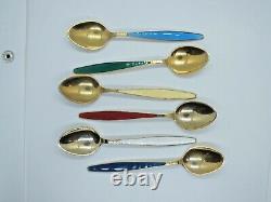 Vintage Set Georg Jensen silver gilt guilloche enamel coffee tea spoons. Boxed