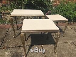 Vintage Set of 3 Marble & Brass Coffee Side Tables Beautiful French Nest Table