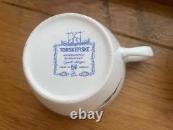 Vintage Set of 5 Figgjo Flint Coffee Cups Torskefiske MCM Scandinavian Folk Art