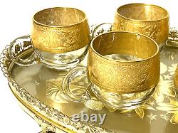 Vintage Set of 6 Glass Heavy Gold Rim Demitasse Coffee/Tea Cups & Gold Rim Tray
