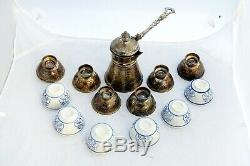 Vintage Solid Silver Islamic Syrian Coffee Set 6 Silver Porcelain Cups 1 Cezve