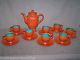 Vintage Stangl Tangerine After Dinner Coffee Pot With 8 Cup & Saucer Sets