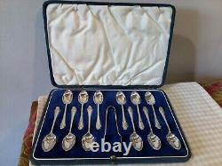 Vintage Sterling Silver Set 12 Coffee spoons & Sugar Tongs London 1938 154g