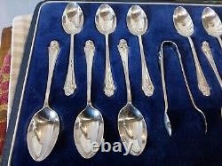 Vintage Sterling Silver Set 12 Coffee spoons & Sugar Tongs London 1938 154g