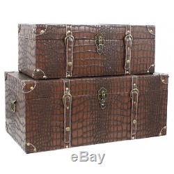 Vintage Storage Chest Trunk Set Large Treasure Leather Box Home 2Pc Coffee Table