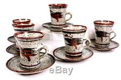 Vintage Studio Art Pottery Coffee Set of 6 Cups and Saucers 20Th Century