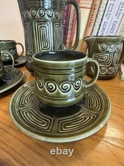 Vintage Sylvac Green Glazed Coffee/Tea Set with Milk Jug & 4 Cups & Saucers VGC