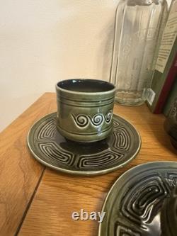 Vintage Sylvac Green Glazed Coffee/Tea Set with Milk Jug & 4 Cups & Saucers VGC