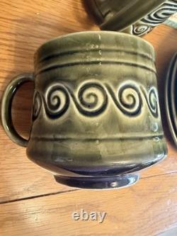 Vintage Sylvac Green Glazed Coffee/Tea Set with Milk Jug & 4 Cups & Saucers VGC