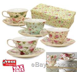 Vintage Tea Cup And Saucer Set 8 Pcs Floral Assorted Fine China Porcelain Coffee