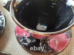 Vintage Vallouris coffee pot set for 6. Cups, plates etc. Lava design pink/black