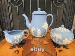 Vintage Wedgwood Blue Jasperware Coffee Set (Coffee Pot, Sugar Bowl & Creamer)