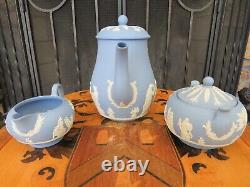 Vintage Wedgwood Blue Jasperware Coffee Set (Coffee Pot, Sugar Bowl & Creamer)