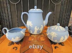 Vintage Wedgwood Blue Jasperware Coffee Set (Coffee Pot, Sugar Bowl & Creamer)