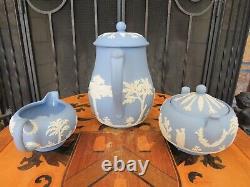 Vintage Wedgwood Blue Jasperware Coffee Set (Coffee Pot, Sugar Bowl & Creamer)