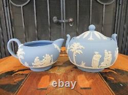 Vintage Wedgwood Blue Jasperware Coffee Set (Coffee Pot, Sugar Bowl & Creamer)