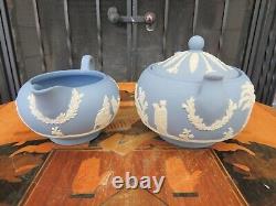 Vintage Wedgwood Blue Jasperware Coffee Set (Coffee Pot, Sugar Bowl & Creamer)