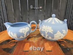 Vintage Wedgwood Blue Jasperware Coffee Set (Coffee Pot, Sugar Bowl & Creamer)