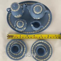 Vintage Wedgwood Blue Jasperware Miniature Tea & Coffee Set Cups, Saucers, Tray