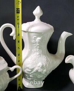 Vintage White Ceramic Coffee Pot Creamer Sugar Bowl Set Signed 1976 Art Pottery