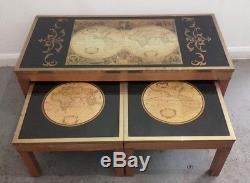 Vintage World Map Set Of 3 Coffee Nest Of Tables Rare Brass Fittings Original