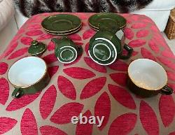 Vintage green gold rim Apilco french porcelaine coffee tea set for two